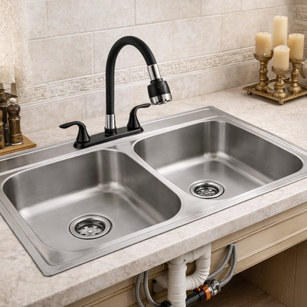 Kit De Fregadero Tarja Tina Doble Acero Inoxidable 84x48  Mezcladora Teseo Acero Inox.