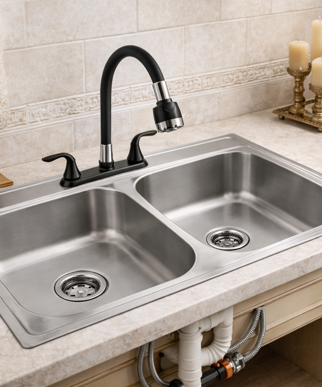 Kit De Fregadero Tarja Tina Doble Acero Inoxidable 84x48  Mezcladora Teseo Acero Inox.