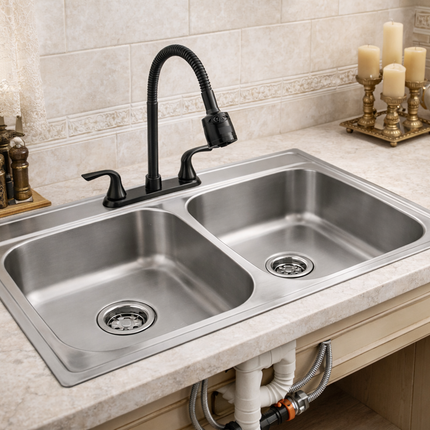 Kit De Fregadero Tarja Tina Doble Acero Inoxidable 84x48  Mezcladora REA Acero Inox.