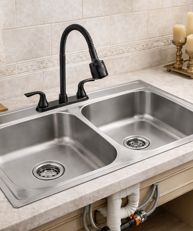 Kit De Fregadero Tarja Tina Doble Acero Inoxidable 84x48  Mezcladora REA Acero Inox.