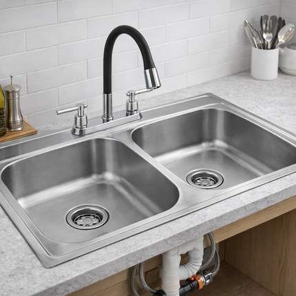 Kit De Fregadero Tarja Tina Doble Acero Inoxidable 84x48  Mezcladora Hercules Acero Inox.