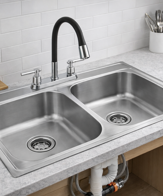 Kit De Fregadero Tarja Tina Doble Acero Inoxidable 84x48  Mezcladora Hercules Acero Inox.