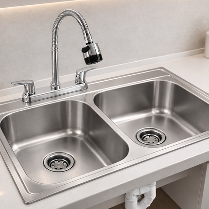 Kit De Fregadero Tarja Tina Doble Acero Inoxidable 84x48  Mezcladora Apolo Acero Inox.