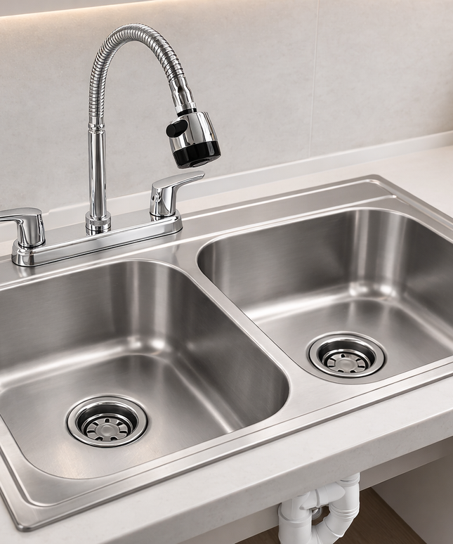 Kit De Fregadero Tarja Tina Doble Acero Inoxidable 84x48  Mezcladora Apolo Acero Inox.