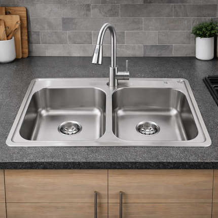 Kit De Fregadero Tarja Tina Doble Acero Inoxidable 84x48  Monomando Solvex Acero Inox.