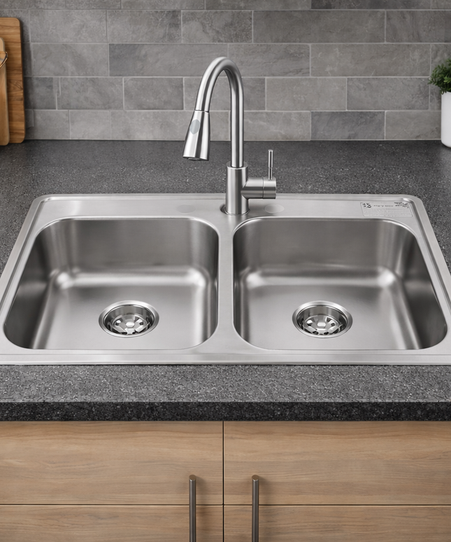 Kit De Fregadero Tarja Tina Doble Acero Inoxidable 84x48  Monomando Solvex Acero Inox.