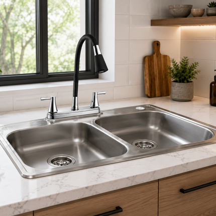 Kit De Fregadero Tarja Tina Doble Acero Inoxidable 84x48  Mezcladora Berlin Acero Inox.