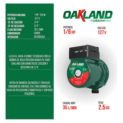 Bomba Presurizadora 120w 1/6hp 17l X Min Oakland Pa3560