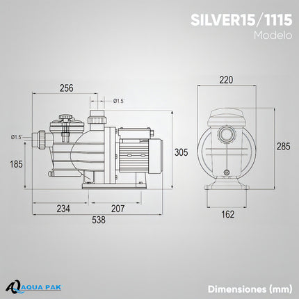Motobomba Para Recircular El Agua En Piscinas. Aqua Pak Silver15/1115 De 1.5 Hp Nominal - Succion Y Descarga De 1.5 , Motor Monofasico 1x115 V