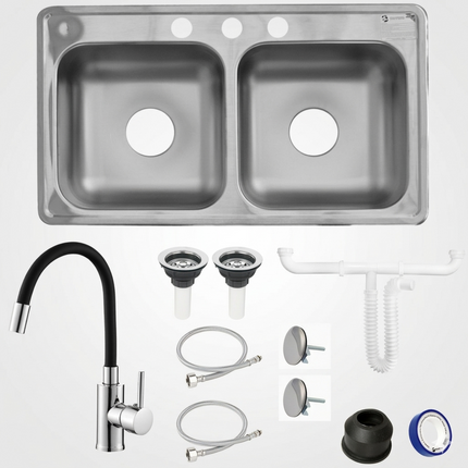 Kit De Fregadero Tarja Tina Doble Acero Inoxidable 84x48  Monomando Acero Inox.