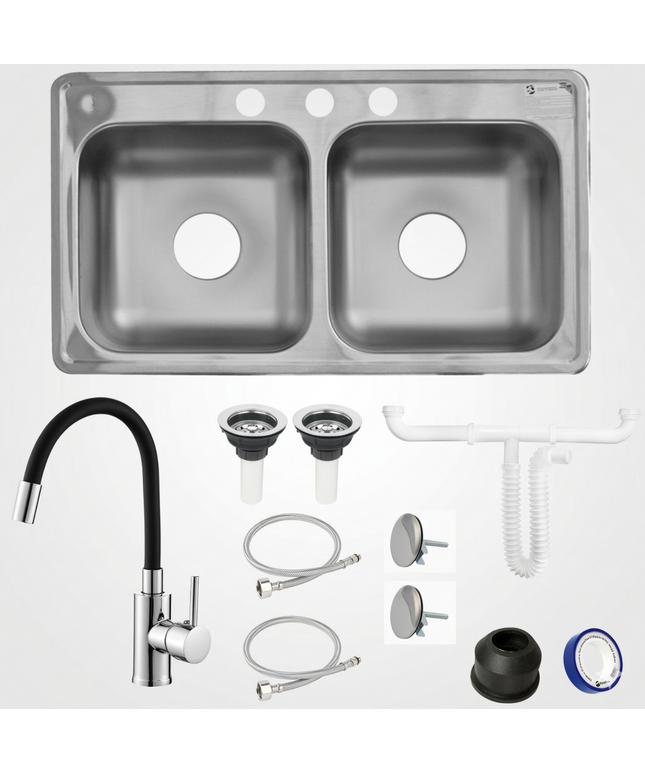 Kit De Fregadero Tarja Tina Doble Acero Inoxidable 84x48  Monomando Acero Inox.