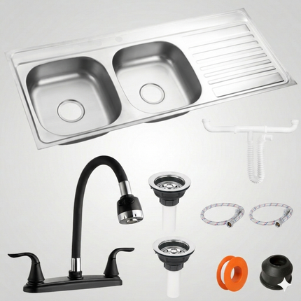 Fregadero/Tarja Tina Doble Con Escurridor + Kit Mezcladora Flexible Teseo