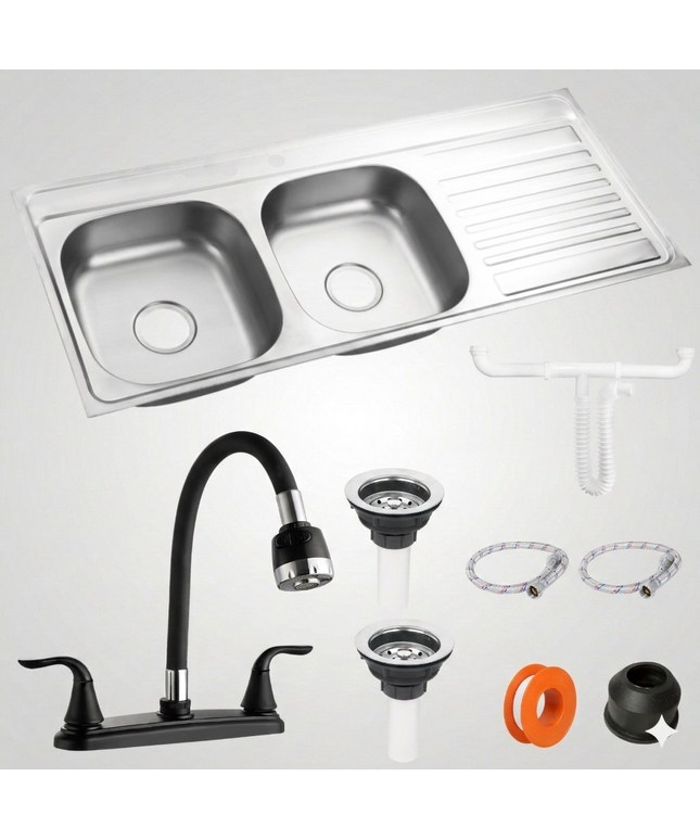 Fregadero/Tarja Tina Doble Con Escurridor + Kit Mezcladora Flexible Teseo