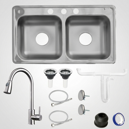 Kit De Fregadero Tarja Tina Doble Acero Inoxidable 84x48  Monomando Solvex Acero Inox.