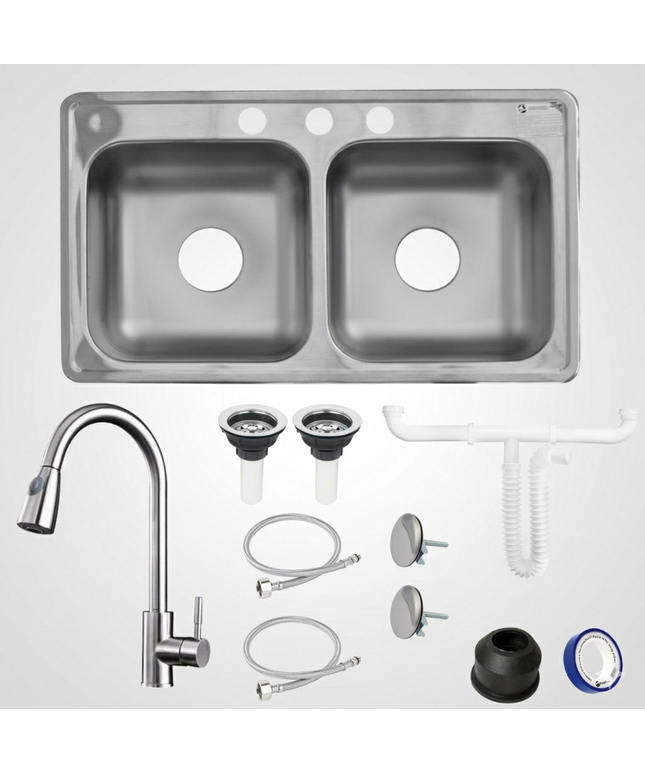 Kit De Fregadero Tarja Tina Doble Acero Inoxidable 84x48  Monomando Solvex Acero Inox.
