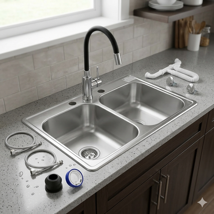 Kit De Fregadero Tarja Tina Doble Acero Inoxidable 84x48  Monomando Acero Inox.