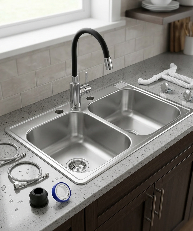 Kit De Fregadero Tarja Tina Doble Acero Inoxidable 84x48  Monomando Acero Inox.