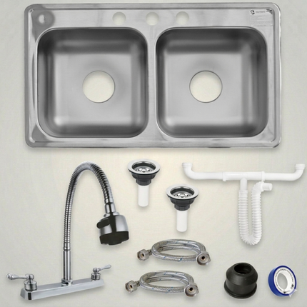 Kit De Fregadero Tarja Tina Doble Acero Inoxidable 84x48  Mezcladora Flexible pvc