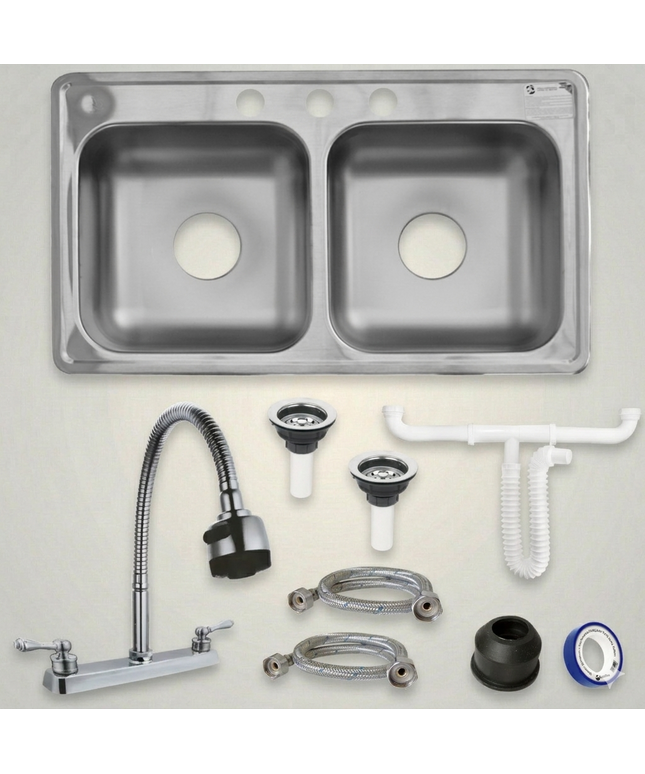Kit De Fregadero Tarja Tina Doble Acero Inoxidable 84x48  Mezcladora Flexible pvc