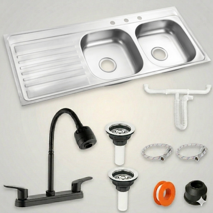 Fregadero/Tarja Tina Doble Con Escurridor + Kit Mezcladora Flexible REA