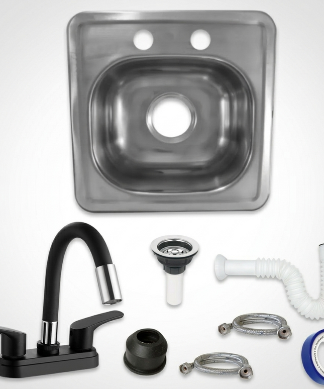 Kit De Tarja Acero Inoxidable Tipo Bar 38 X 38 Cm Mezcladora Flexible modelo LUA