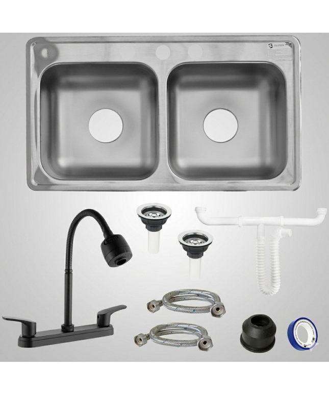 Kit De Fregadero Tarja Tina Doble Acero Inoxidable 84x48  Mezcladora REA Acero Inox.