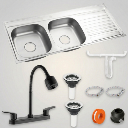 Fregadero/Tarja Tina Doble Con Escurridor + Kit Mezcladora Flexible REA