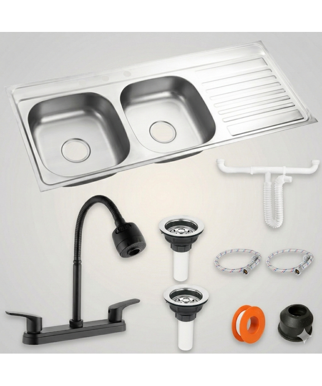 Fregadero/Tarja Tina Doble Con Escurridor + Kit Mezcladora Flexible REA