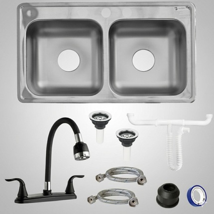 Kit De Fregadero Tarja Tina Doble Acero Inoxidable 84x48  Mezcladora Teseo Acero Inox.