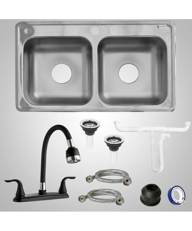 Kit De Fregadero Tarja Tina Doble Acero Inoxidable 84x48  Mezcladora Teseo Acero Inox.