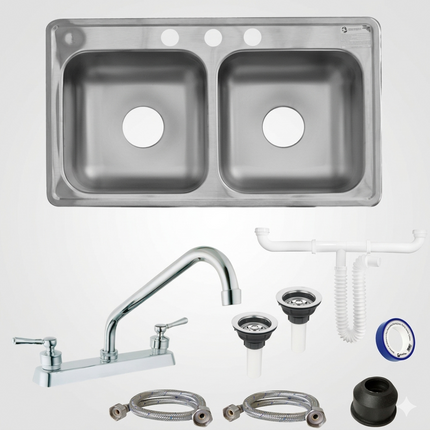 Kit De Fregadero Tarja Tina Doble Acero Inoxidable 84x48 Mezcladora Sencilla pvc