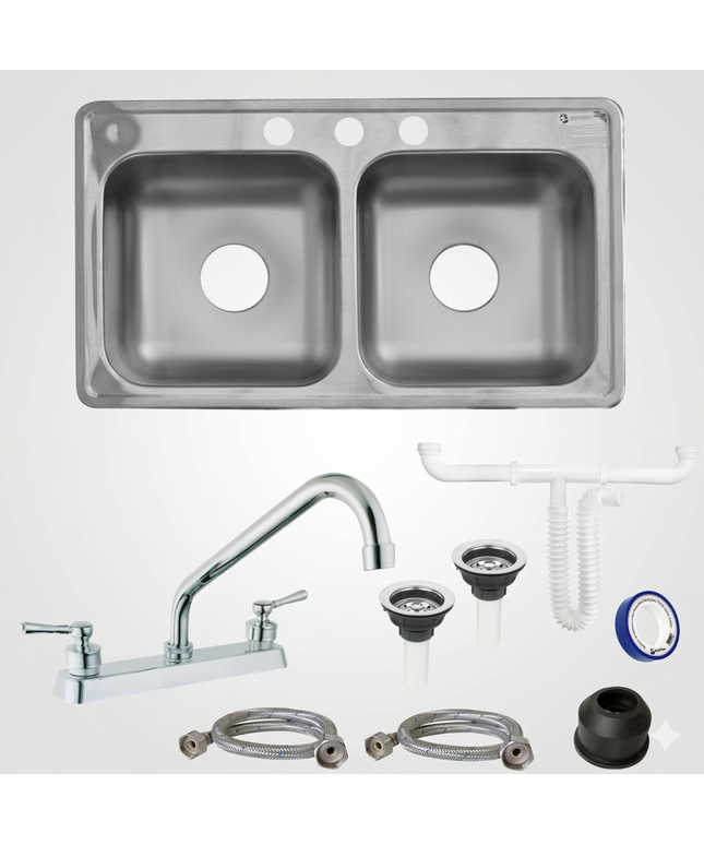 Kit De Fregadero Tarja Tina Doble Acero Inoxidable 84x48 Mezcladora Sencilla pvc