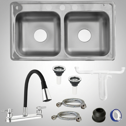 Kit De Fregadero Tarja Tina Doble Acero Inoxidable 84x48  Mezcladora Hercules Acero Inox.
