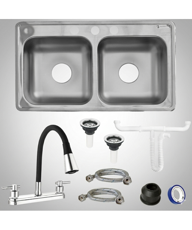 Kit De Fregadero Tarja Tina Doble Acero Inoxidable 84x48  Mezcladora Hercules Acero Inox.