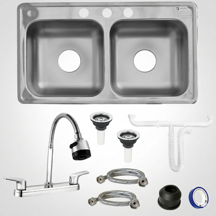 Kit De Fregadero Tarja Tina Doble Acero Inoxidable 84x48  Mezcladora Apolo Acero Inox.