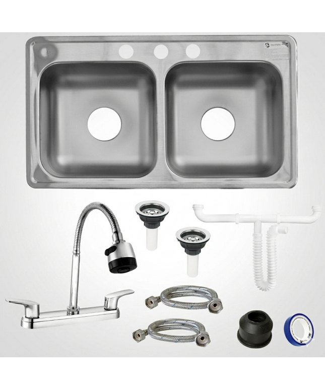 Kit De Fregadero Tarja Tina Doble Acero Inoxidable 84x48  Mezcladora Apolo Acero Inox.